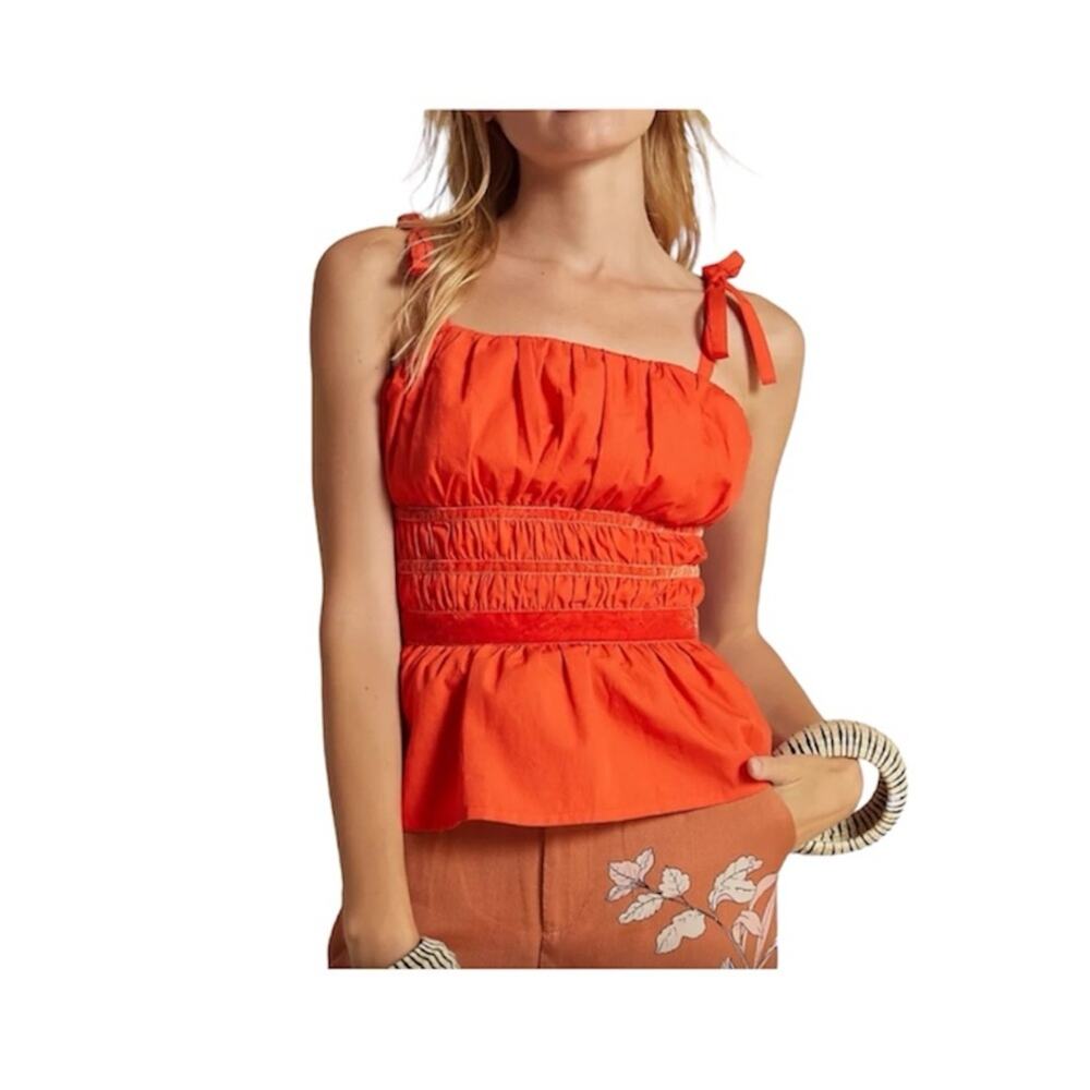 Maeve Anthropologie Orange Shirred Ruched Ruffle Tie Tank Top Size Medium
